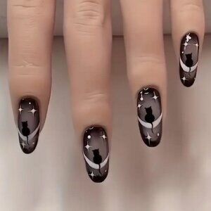 48 Pcs 2 Boxes Black Cat Moon Mystical Press On Nails Halloween Oval Almond Goth